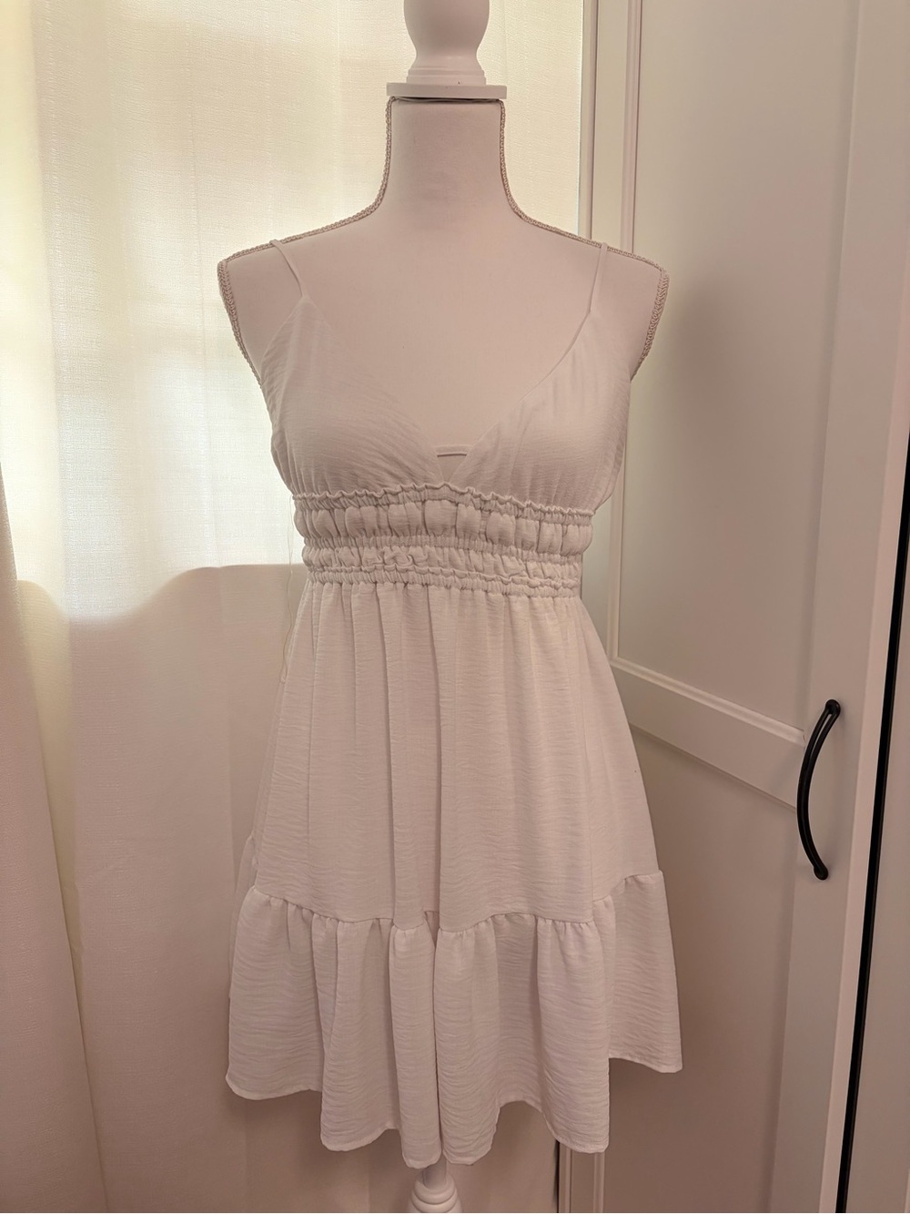 Inspire White Smocked Waist Tiered Mini Dress